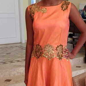 Pretty brand new peach raw silk floor length gown